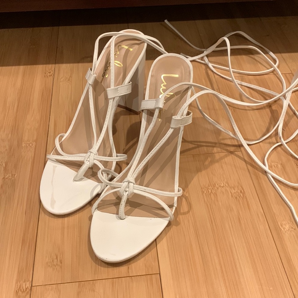 Lulu’s white ankle wrap heels